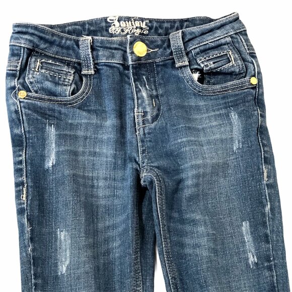 Jeans Distressed Women 7 Blue Medium Wash Pockets Straight Leg Low Rise Slimming - Picture 3 of 7